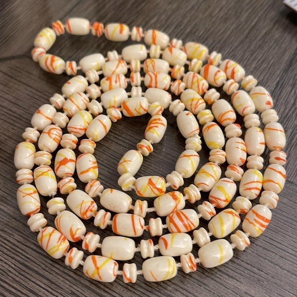 Vintage Beaded Necklace Ivory with Orange and Yellow Paint Splatter Design - Picture 11 of 13